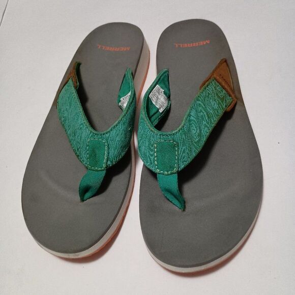 MERRELL Flip Flops, Grey and Green, Size 6 - Picture 2 of 6